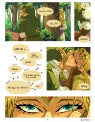 1boy 1boy1girl 1girls 2026 2d arm_holding artist_name blonde-haired_female blonde-haired_male blonde_female blonde_hair blue_eyes color colored comic comic_page dialogue english_text forrest fuck_me_eyes fully_clothed fully_clothed_female fully_clothed_male hand_on_neck heart-shaped_pupils hearts hidden high_resolution highres hugging kissing link link_(ocarina_of_time) long_ears lophilia_spicy nintendo ocarina_of_time outdoors page_1 page_number princess_zelda text_bubble the_legend_of_zelda zelda_(ocarina_of_time)