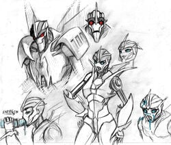 arcee autobot black_and_white blue_eyes deception energon flick oral_sex red_hair sketch starscream transformers transformers_prime white_background