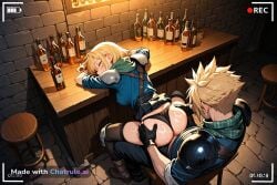 1boy 1girl absurd_res ai_assisted ai_generated alcohol_bottles arms_on_table bar barstool blonde_hair blue_eyes blue_shirt boots bukkake cloud_strife doggy_style dramatic_lighting eyes_closed from_above gloves green_scarf head_down high_res on_ground outdoor panties_exposed pants recording resting_head scarf sex_from_behind sitting skirt_lifted sleeping sleeves_rolled_up source_anime spiked_hair surrounded thigh_highs vaginal_sex visible_nipples visible_vagina wall