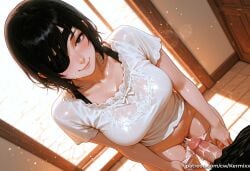1boy 1girl ai_generated black_eyes black_hair blush breasts chainsaw_man collarbone cum erection eyepatch hetero himeno_(chainsaw_man) indoors kermixx large_breasts looking_at_viewer panties panty_pull penis pov pubic_hair pussy shirt short_hair smile solo_focus sweat uncensored underwear white_panties white_shirt