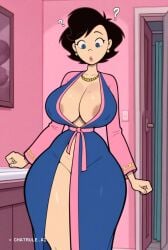 1girl ai_assisted ai_generated black_hair blue_eyes blue_robe breasts_spilling_out clothes_too_small curvaceous_body earrings enormous_breasts enormous_hips enormous_thighs head_tilt home indoors intimate jewelry legs looking_down massive_breasts oversized_breasts perfect_body pink_shirt scenery slut solo succubus susan_long three_quarter_view tiny_waist uncensored voluptuous_body whore