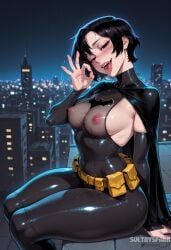 1girl ai_generated artist_name batgirl batgirl_(cassandra_cain) batman_(series) belt belt_pouch black_cape black_hair blush bodysuit breasts building cape cassandra_cain city cityscape covered_nipples dc dc_comics drooling fellatio_gesture futarush handjob_gesture large_breasts looking_at_viewer medium_breasts naughty_face night night_sky nipples open_mouth oral_invitation patreon patreon_username pouch saliva saliva_trail see-through short_hair sideboob sitting sky solo sultryspark thick_thighs thighs tongue tongue_out utility_belt