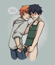 2boys blush cum gay given_(anime) green_apron nude_male sato_mafuyu_(given) uenoyama_ritsuka_(given)