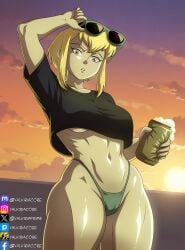 1girl beer black_bikini_bottom blonde_hair dc dc_comics female female_only gta_vi_cover_girl my_adventures_with_superman sunglasses sunlight sunset supergirl supergirl_(my_adventures_with_superman) valkiriacore