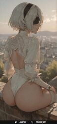 1girl 2b_(nier:automata) ai_generated ass back_cutout black_blindfold blindfold blurry blurry_background breasts clothing_cutout frenzyai hairband highleg highleg_leotard leotard long_sleeves medium_breasts mole mole_under_mouth nier:_automata outdoors puffy_sleeves short_hair sitting smile solo thighhighs white_hair white_leotard white_thighhighs yorha_2b