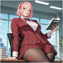 1girl 1girls ai ai_assisted ai_generated boruto:_naruto_next_generations boruto:_two_blue_vortex deviantart haruno_sakura naruto naruto:_the_last naruto_(series) naruto_shippuden office office_chair office_lady official_alternate_costume patreon patreon_exclusive pink_hair short_hair small_breasts solo voluptuous voluptuous_body voluptuous_female yametastudio