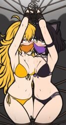 2girls bathing_suit big_breasts black_hair blake_belladonna blush blushing bondage bound bound_and_gagged bound_arms bound_hands bound_legs bound_together bound_wrists collar gag gagged gagged_female large_breasts long_hair magnolia-baillon otm_gag red_eyes rope rope_bondage rwby short_hair tape tape_gag taped_mouth yang_xiao_long yellow_eyes yellow_hair