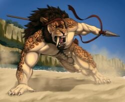 4_toes 5_fingers abs accessory animal_genitalia anthro balls bentayga brown_hair fangs feet felid fingers fur genitals hair headband hi_res hindpaw humanoid_hands liraelwolf male mammal markings melee_weapon muscular muscular_anthro muscular_male nude nude_anthro nude_male outdoor_nudity outside paws pink_nose polearm prehistoric_species saber-toothed_tiger sabertooth_(anatomy) sand sheath smilodon solo spear spots spotted_body spotted_fur tan_body tan_fur teeth toes tongue tribal water weapon