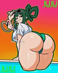 ass badjujuarts boku_no_hero_academia child_bearing_hips clapping_cheeks female frog_girl gold_jewelry green_bikini green_hair huge_ass long_tongue looking_back sound sunglasses_on_head tagme thick_thighs tsuyu_asui twerking video