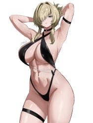 abs absurdres alternate_costume arm_strap artist_name black_choker black_slingshot_swimsuit blue_eyes breasts choker cinderella_(crystal_wave)_(nikke) cinderella_(nikke) cinderella_(nikke)_(cosplay) closed_mouth commentary cosplay cowboy_shot english_commentary goddess_of_victory:_nikke grave_(nikke) hair_intakes hair_over_one_eye highres jewelry large_breasts multiple_scars navel necklace scar scar_on_stomach short_hair_with_long_locks simple_background slingshot_swimsuit staz64 swimsuit thigh_strap white_background