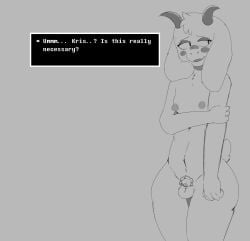 2026 anthro areola balls blush bovid caprine chastity_cage chastity_device deltarune digital_drawing_(artwork) digital_media_(artwork) embarrassed english_description english_text erect_nipples genitals goat hi_res holding_arm horn humanoid_hands male mammal monochrome nipples nub_chastity_cage nude_anthro nude_male puffy_nipples ralsei shy solid_chastity_cage solo speech_bubble spicysaucyrat standing tail talking_to_another text text_box undertale_(series) wearing_chastity_cage wearing_chastity_device