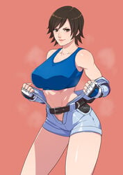 absurdres belt blue_sports_bra breasts brown_eyes brown_hair cirenk elbow_pads female fingerless_gloves gloves highres kazama_asuka large_breasts lips looking_at_viewer midriff nose pink_background short_hair short_jumpsuit solo sports_bra standing sweat tekken tekken_7 tomboy toned undressing unzipped