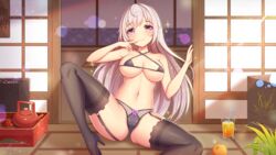 big_breasts black_bra black_panties bra girlgame long_hair looking_at_viewer panties pink_eyes preety_angel spread_legs stockings white_hair