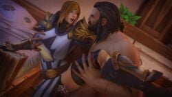 3d 3d_(artwork) 3d_model 3d_render armored armored_female big_breasts blonde blonde_female blonde_hair cleric clothed clothed_sex cock couple couple_sex creampie crusader cum cum_in_pussy cum_inside dark-skinned_male dick fair-skinned_female green_eyes hetero hetero_sex holding holding_leg human human_(world_of_warcraft) human_female human_male humanoid humanoid_genitalia humanoid_penis leg leg_up legs_up lifted lifted_leg lifting_leg morilymory panties_aside penetration penis penis_in_pussy sex side_sex standing standing_on_one_leg standing_position standing_sex straight vagina vaginal vaginal_creampie vaginal_penetration vaginal_sex warcraft white_body white_girl white_skin wife world_of_warcraft