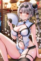 1girl bag blouse blush braid breasts cameltoe china_dress clothed dress fan female gray_hair hair_bun hair_ornament hair_ribbon hat highres large_breasts long_hair looking_at_viewer miwa_uni original solo sunglasses sunglasses_on_head thighhighs tied_hair twin_braids twin_buns