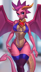 1girls 2021 alanscampos anthro bikini dragon dragon_wings ember_(spyro) female grin horns looking_at_viewer necklace patreon patreon_username pink_skin scalie solo spyro_reignited_trilogy spyro_the_dragon stockings tail