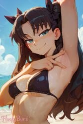 ai_generated arm_up armpit armpit_fetish armpit_focus armpits beach black_bikini gesture looking_at_viewer presenting_armpit ribbon smirk summer tohsaka_rin twintails watermark