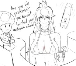 1boy 1girls big_breasts bikini black_and_white breasts cleavage dildo english_text female female_focus long_hair looking_at_another male mario_(series) monochrome nintendo nipple_bulge princess_peach rolling_eyes sex_toy smile stormbringer swimsuit text toad_(mario) very_long_hair vibrator vibrator_in_pussy white_background