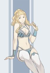 1girls blonde_hair bra clair_(fire_emblem) fire_emblem fire_emblem_echoes:_shadows_of_valentia fire_emblem_gaiden ika_tko long_hair looking_at_viewer looking_to_the_side navel nintendo panties playing_with_hair ponytail simple_background smile solo solo_female thighhighs underwear