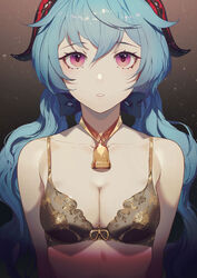 1girls bangs bare_shoulders bell black_bra blue_hair bow bra breasts choker cleavage collarbone cowbell eyelashes female female_focus female_only front_view ganyu_(genshin_impact) genshin_impact gradient_background hair hair_between_eyes hair_ribbon horn lace lace-trimmed_bra legs lingerie long_hair looking_at_viewer low_twintails medium_breasts parted_lips pink_eyes portrait salmon88 solo twintails underwear upper_body wavy_hair white_skin