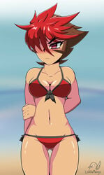 1girls android atlas_(megaman) beach bikini blush brown_hair embarrassed female_only fit fit_female gynoid littlepengo looking_at_viewer medium_breasts mega_man mega_man_zx metalkaiser multicolored_hair ocean outside public red_eyes red_hair reploid robot robot_girl short_hair swimsuit tan_skin thigh_gap