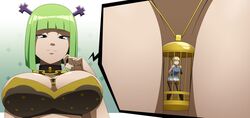 2girls accessory between_breasts brandish_mew breasts cleavage fairy_tail female female_only femdom femsub giantess green_hair huge_breasts large_breasts lucy_heartfilia minigirl multiple_girls necklace necklace_between_breasts ravenravenraven yuri