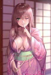 1girls after_bath alternate_hairstyle big_breasts breasts brown_hair cleavage covered_breasts doki_doki_literature_club female female_only finger_over_mouth finger_to_mouth green_eyes hair_down horny indoors inner_sideboob japanese_house kimono long_hair looking_at_viewer medium_breasts monika_(doki_doki_literature_club) only_female pink_kimono potetos7 pov pov_eye_contact solo solo_female sweat taking_clothes_off teenage_girl teenager undressing wet wet_hair wink winking winking_at_viewer yukata