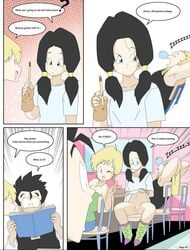 2boys 2girls black_hair blue_eyes botbot bottomless comic dragon_ball dragon_ball_z english_text erasa female humor male multiple_boys multiple_girls page_20 pussy sharpner son_gohan text top_lift twintails vagina videl