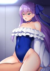 1boy bangs bare_shoulders blue_choker blue_eyes blue_swimsuit blush breasts choker collarbone covered_navel cowgirl_position cowgirl_position drooling eyebrows_visible_through_hair faceless faceless_male fate/grand_order fate_(series) female frilled_swimsuit frills groin hair_between_eyes hair_ribbon half_updo implied_sex kisaragi_nana long_hair meltryllis meltryllis_(swimsuit_lancer)_(fate) narrow_waist off-shoulder_swimsuit off_shoulder one-piece_swimsuit open_mouth parted_hair purple_hair ribbon saliva sleeves_past_wrists small_breasts straddling straight sweat swimsuit very_long_hair