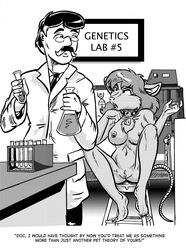 angry anthro beaker breasts chest_tuft clothed clothed/nude clothed_male_nude_female clothing collar dialogue duo english_text eyewear female fur genitals glasses hair human laboratory_equipment laboratory_glassware male mammal monochrome murid murine navel nipples nude pussy rat rodent scientific_instrument spread_legs spreading style_wager text tuft