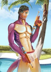 anthro bulge bush_viper cierras clothing hi_res male old_world_viper plant purple_body purple_skin reptile scalie snake solo standing swimming_pool swimwear tree underwear water_gun wet wet_clothing wet_underwear