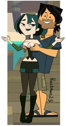 1boy 1girls black_hair blue_hair blue_lipstick boots choker chris_mclean groping_from_behind gwen_(tdi) hackman leggings no_bra sandals skirt straight stubble total_drama_island