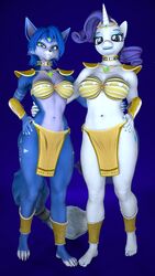 2girls anthro armor bra breasts choker collar crossover crossover_cosplay duo grin hand_on_hip kevhon krystal looking_at_viewer my_little_pony my_little_pony_friendship_is_magic rarity_(mlp) smooth_skin star_fox