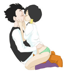 black_hair caisama canon_couple clothing dragon_ball dragon_ball_z eyes_closed hands_on_hips kissing panties passionate pigtails shounen_jump socks son_gohan videl