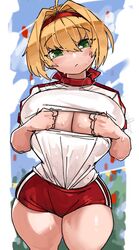 1girls big_breasts blonde_hair bodily_fluids cleavage_cutout clothing fate/grand_order fate_(series) female female_only green_eyes hairband looking_at_viewer medium_hair nero_claudius_(fate) nero_claudius_(olympian_bloomers) solo solo_female solo_focus sportswear sweating thick_thighs very_high_resolution zanamaoria