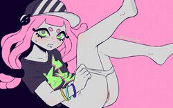 anemone ass blush crossisonfire drooling female green_eyes harmony_(splatoon) hat legs looking_at_viewer panties_down pink_hair pussy splatoon the_chirpy_chips thighs