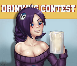 1girls 2021 aaaninja bare_shoulders big_breasts blue_eyes breasts cleavage cum cum_drinking cum_in_container female glass licking_lips mug original purple_hair shoulderless_shirt solo solo_female sweater tongue tongue_out zone-tan