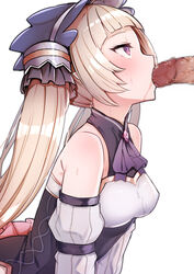 1boy bangs bare_shoulders blonde_hair blunt_bangs blush breasts censored dress fellatio femboy hairband highres jon_(pixiv31559095) lolita_hairband long_hair long_sleeves looking_up male_focus mosaic_censoring oral otoko_no_ko penis princess_connect! princess_connect!_re:dive purple_eyes saliva simple_background small_breasts solo_focus trap twintails very_long_hair white_background yaoi yuki_(princess_connect!)