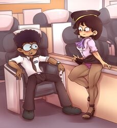 1boy 1boy1girl 1girls afro air_hostess airline_pilot blush chloe clyde_mcbride dark-skinned_male drawsoyeah female flight_attendant glasses male nickelodeon stewardess the_loud_house underwear upskirt