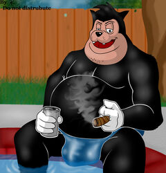 anthro black_fur bulge can cat cigar clothes day disney feline fur furry furry_only gloves goof_troop holding male male_only open_mouth outdoors pete_(disney) peter_pete_sr. sitting smile smoke solo special_k tagme topless water