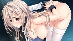 areolae arms_behind_back bent_over blonde_hair blush bondage breasts cuffs female game_cg hanging_breasts highres huge_breasts legs long_hair looking_at_viewer minami_sayuri nipples no_bra no_panties norita open_clothes semiramis_no_tenbin solo sweat thighhighs thighs wet yellow_eyes