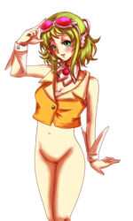 1girls embarrassed goggles goggles_on_head green_eyes green_hair gumi hips looking_at_viewer megpoid megpoid_gumi partially_clothed small_breasts solo solo_female solo_focus tagme thighs vocaloid