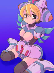 1girls alternate_version_available android blonde_hair blue_eyes breasts cinnamon_gaudille exposed_breasts female mega_man mega_man_x nurse_outfit reploid solo source_not_archived stockings tagme thighhighs さ_(artist)