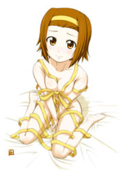 blurry bow brown_eyes brown_hair depth_of_field female female_only highres human human_only k-on! nagian naked_ribbon ribbon ritsu_tainaka_(k-on!) solo