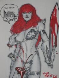 adam_hughes amputation amputee armor bleeding blood blood_stain bloody_sword female gore hair holding human injury marvel marvel_comics red_hair red_sonja selective_color severed_hand straight_hair sword sword_pointing text weapon wound