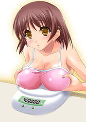 breast_grab breast_rest breast_weights breasts brown_eyes brown_hair fujiwara_naeka hair_ornament hairclip hits kamen_no_maid_guy large_breasts maho_(yakimorokoshi) mashuu milestone_celebration naeka_fujiwara scale short_hair weighing_breasts weighing_machine yellow_eyes