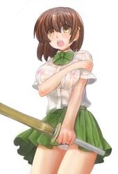 breasts brown_hair fujiwara_naeka hair ikara kamen_no_maid_guy large_breasts naeka_fujiwara no_bra open_mouth panties pantyshot school_uniform see-through serafuku shinai short_hair skirt sword underwear weapon wooden_sword yellow_eyes