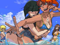 4girls artist_request bikini breasts brown_hair connie_francis duo_focus female gundam human kate_bush light-skinned_female light_skin low_res mahalia_merril multiple_girls peggy_lee short_hair shrike_team swimsuit tagme victory_gundam