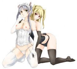 1boy 1girls blonde_hair breasts corset elbow_gloves female grey_hair male maria_holic shidou_mariya shinouji_matsurika tagme thighhighs topless trap yellow_eyes