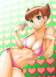 1girls :o blush breasts brown_hair cleavage esper_mami female green_eyes heart large_breasts mami_sakura midriff navel side-tie_bikini swimsuit ueyama_michirou